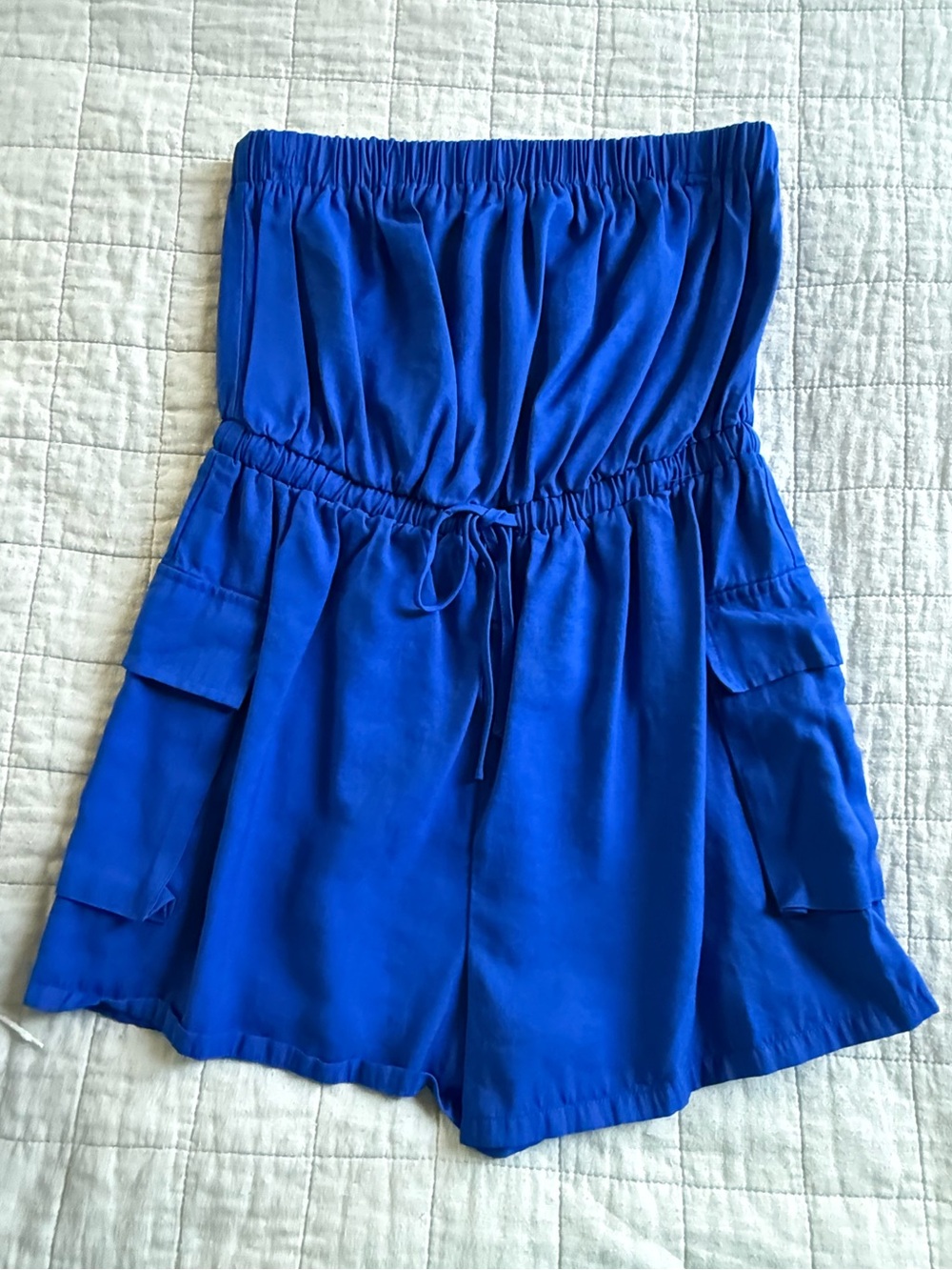 Blue Strapless Romper with Pockets